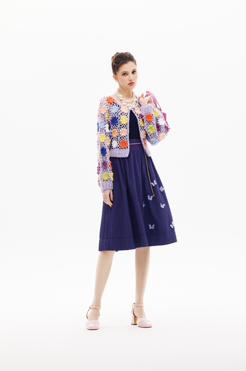 藍紫色立體褶皺中長裙,長裙