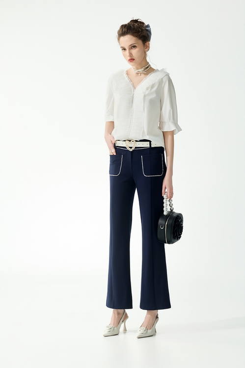 海軍藍鑲小珍珠邊長褲,喇叭褲