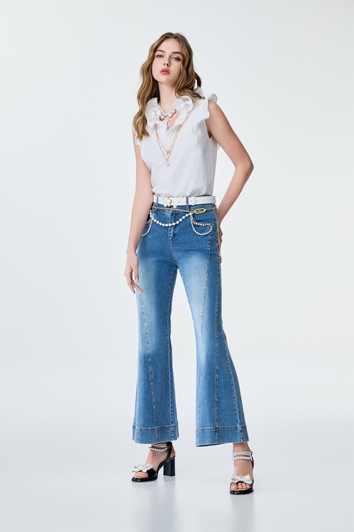 不規則閃亮造型牛仔寬褲,褲子