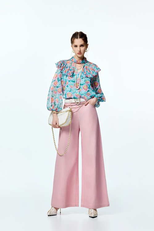 香囊粉覆膜牛仔長褲,長褲