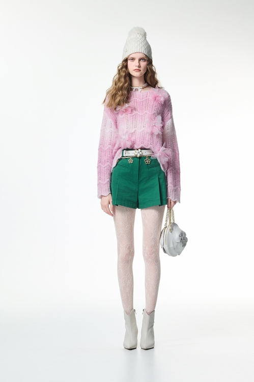 翡翠綠摺飾短褲,褲裙