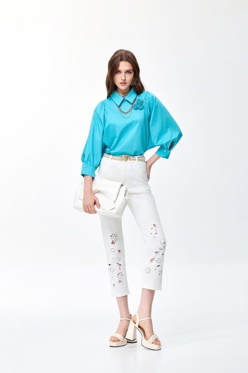 簍空花卉刺繡牛仔褲,白色褲子