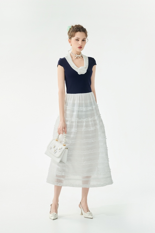 異材質拼接公主風長洋裝,長洋裝