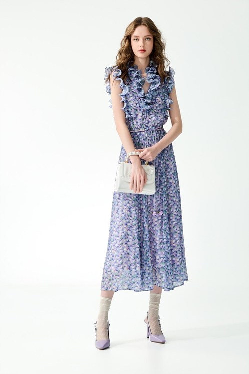 灰調葡萄紫花園印花雪紡洋裝,雪紡洋裝