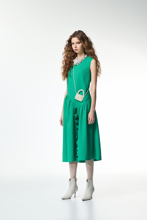 翡翠綠壓格紋洋裝,格紋