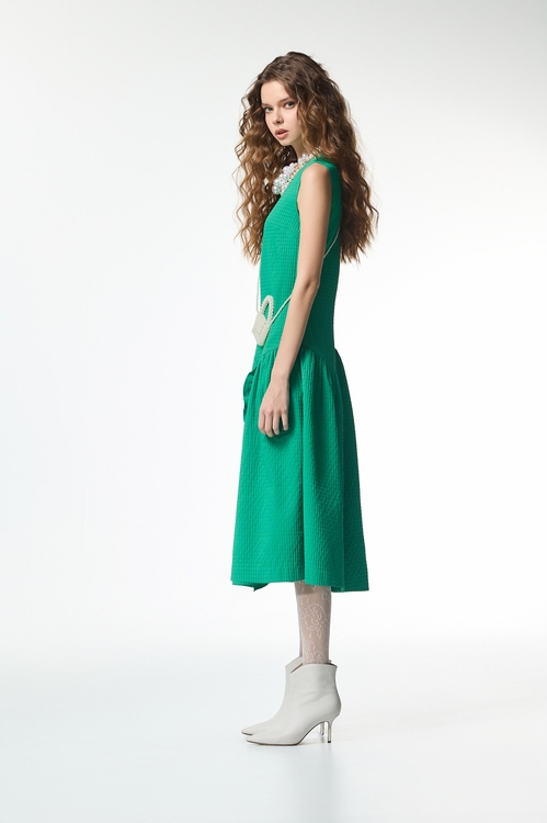 翡翠綠壓格紋洋裝,格紋