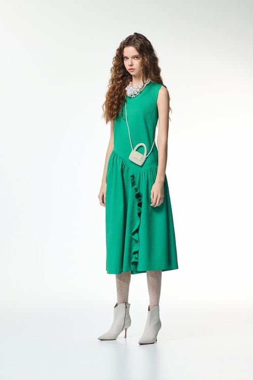 翡翠綠壓格紋洋裝,格紋