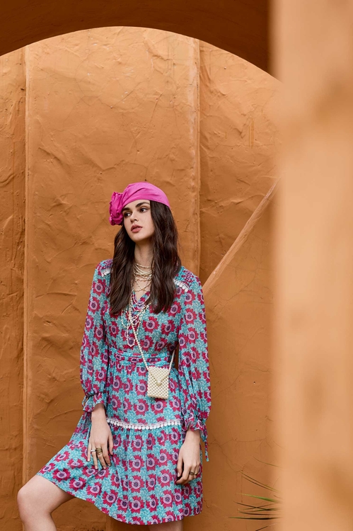 澄澈青藍色雪紡印花洋裝,雪紡洋裝