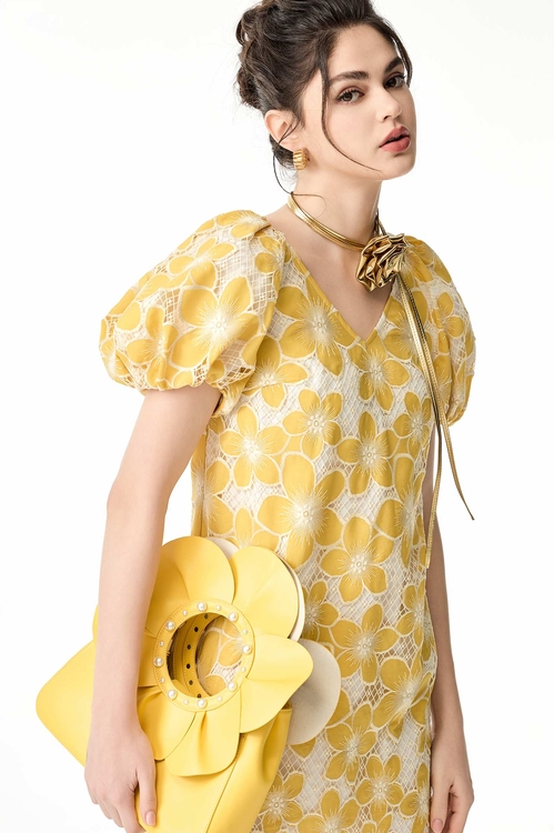 熱帶花卉刺繡洋裝,短袖洋裝