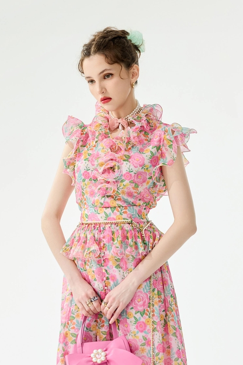 飄逸粉花漫境印花上衣,V領上衣