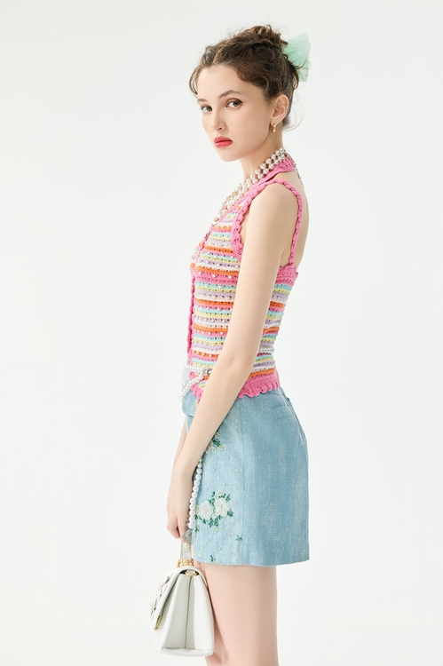 綴珍珠五彩條針織背心,V領背心