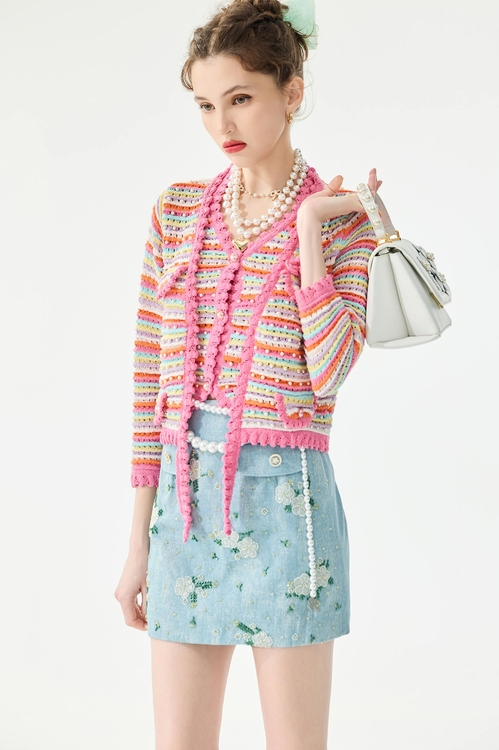 綴珍珠五彩條針織背心,V領背心