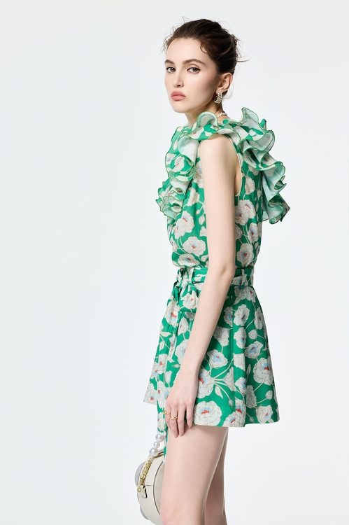 多巴胺亮色復古花園荷葉上衣,無袖上衣