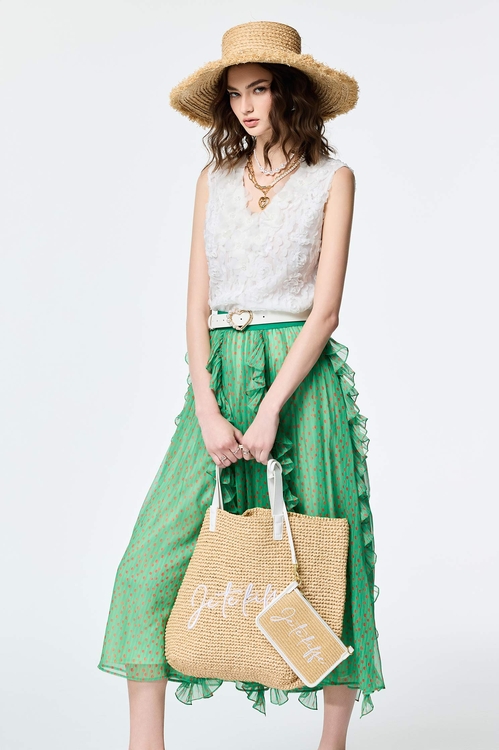 綴玫瑰花朵壓紋上衣,V領背心