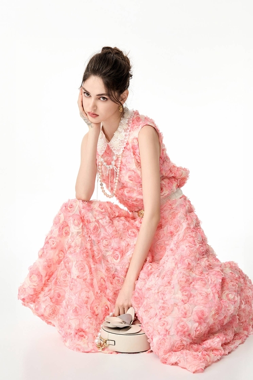 奢華粉玫瑰造型上衣,網紗