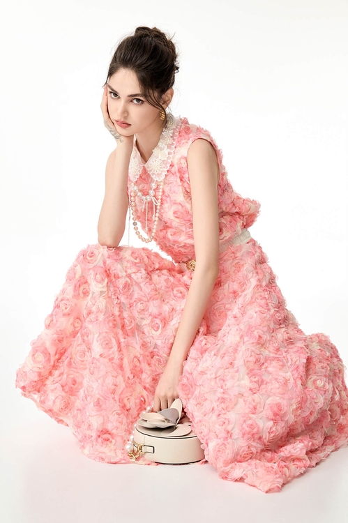 奢華粉玫瑰造型上衣,網紗