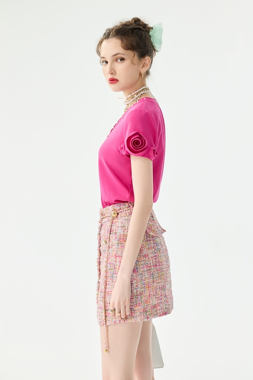 電光紫粉色花朵袖Ｔ恤上衣,V領上衣