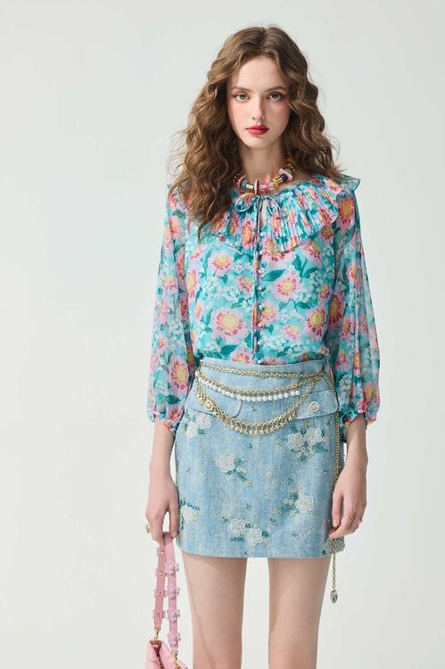 雪紡藝術花園印花上衣,雪紡