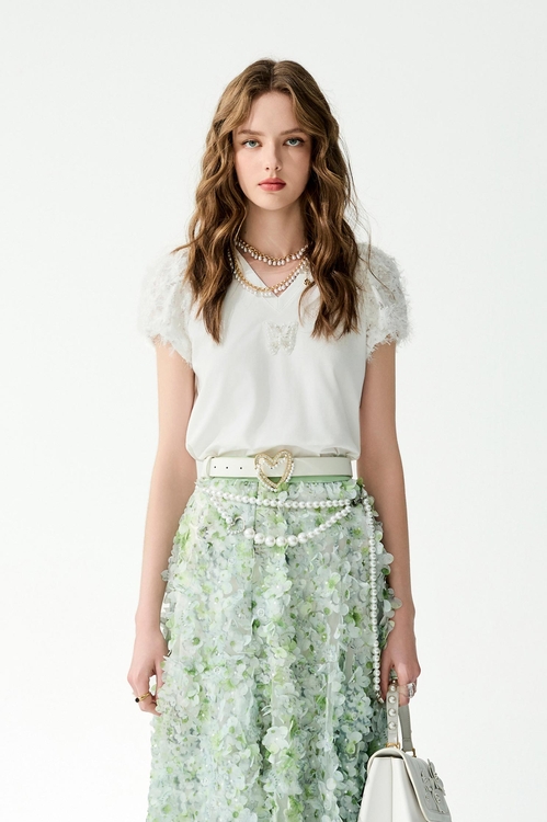 綴睫毛蕾絲袖Ｔ恤上衣,蕾絲