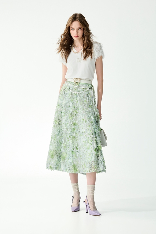 綴睫毛蕾絲袖Ｔ恤上衣,蕾絲