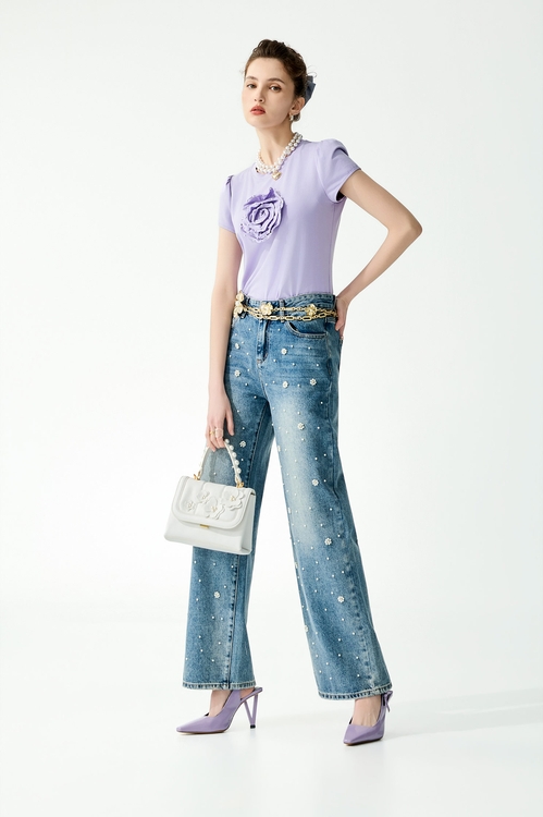 灰調葡萄紫花朵Ｔ恤上衣,珍珠