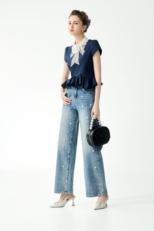 對比色蕾絲領片上衣,蕾絲