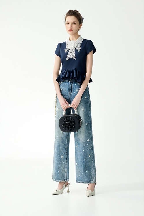 對比色蕾絲領片上衣,蕾絲