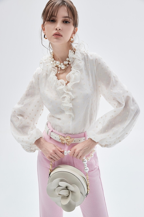 超凡粉點點刺繡上衣,繡花上衣