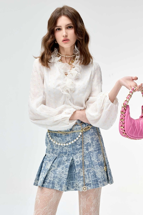 超凡粉點點刺繡上衣,繡花上衣