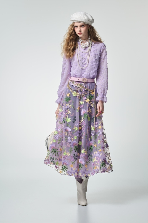 丁香紫色立體花朵上衣,蕾絲上衣