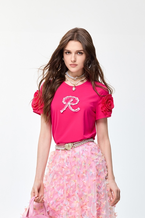 櫻桃紅色花卉袖T恤上衣,網紗