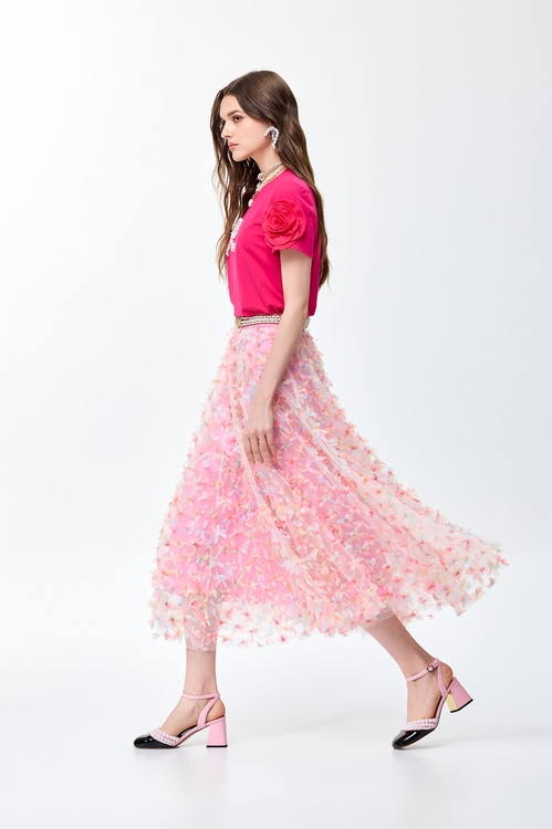 櫻桃紅色花卉袖T恤上衣,網紗