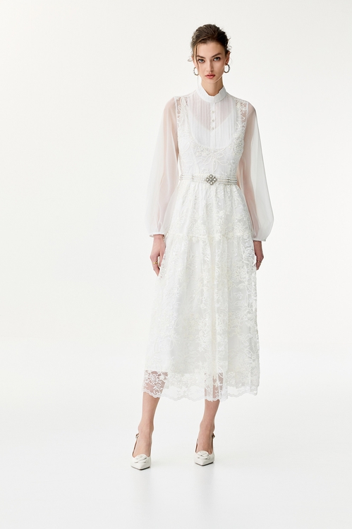 立體蕾絲花禮服長洋裝,長洋裝