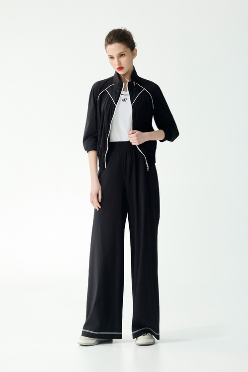 下擺配色線膠原蛋白寬腿褲,寬褲,褲子