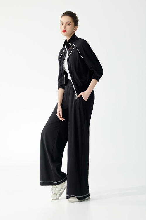 下擺配色線膠原蛋白寬腿褲,寬褲,褲子