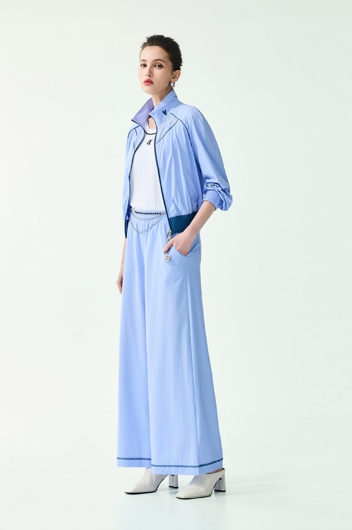 下擺配色線膠原蛋白寬腿褲,寬褲,褲子