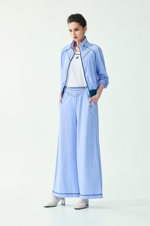 下擺配色線膠原蛋白寬腿褲,寬褲,褲子