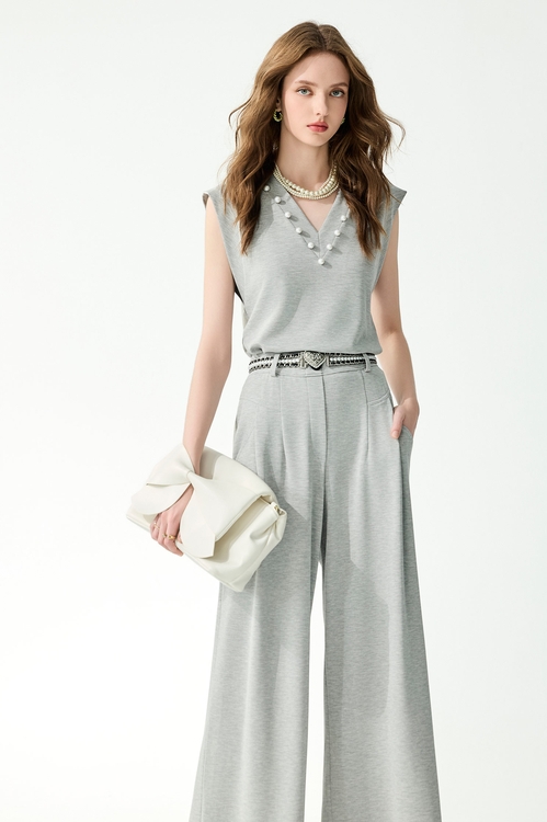 造型摺飾口袋寬腿褲,寬褲,褲子