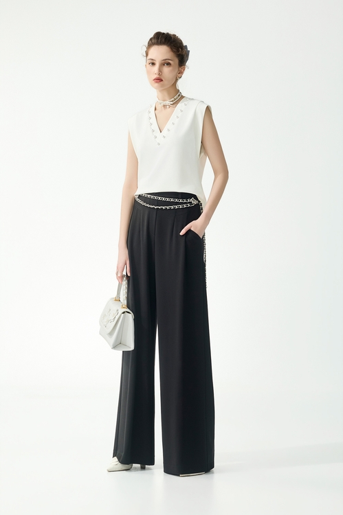 造型摺飾口袋寬腿褲,寬褲,褲子