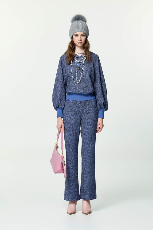 鑲口袋唇配色喇叭長褲,喇叭褲