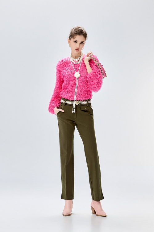 配色織帶修身直筒長褲,黑色褲子