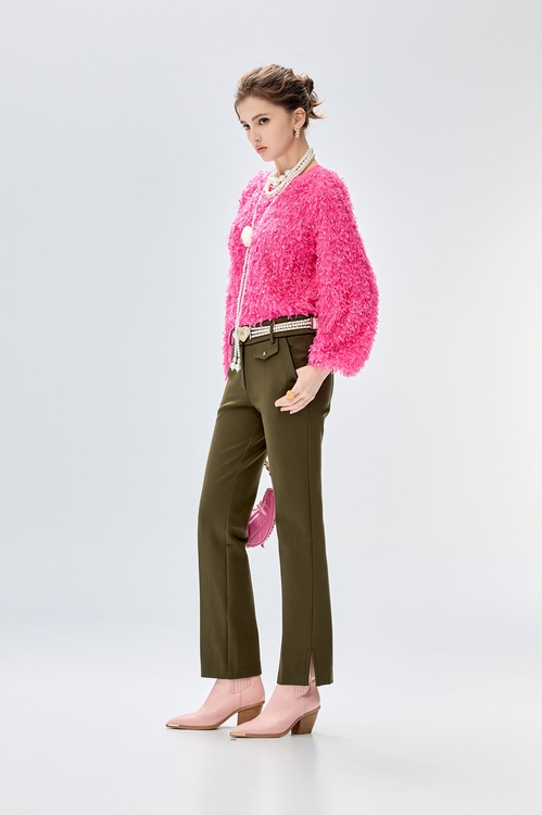 配色織帶修身直筒長褲,黑色褲子