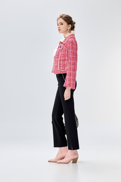 配色織帶修身直筒長褲,黑色褲子