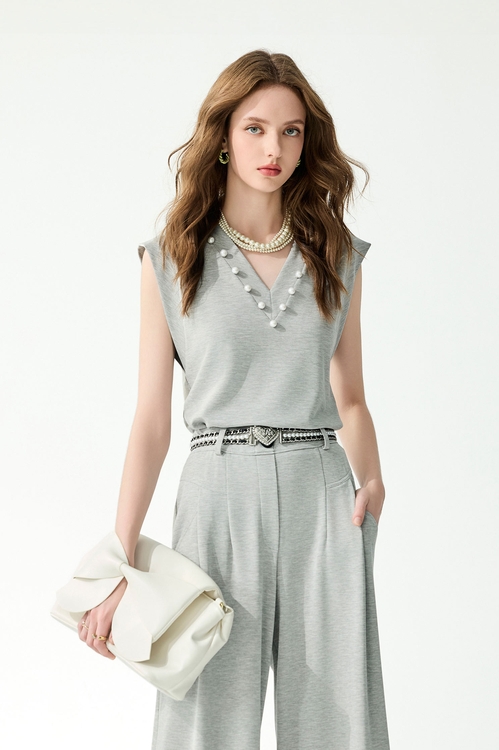 極簡鑲珍珠無袖上衣,一般背心馬甲