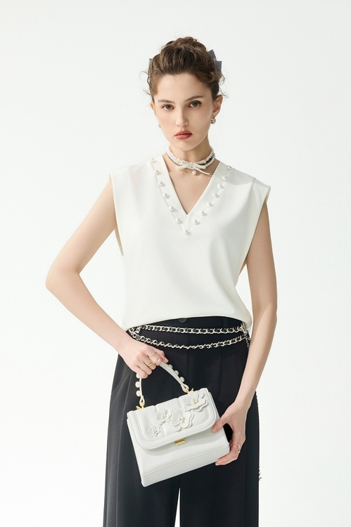 極簡鑲珍珠無袖上衣,一般背心馬甲
