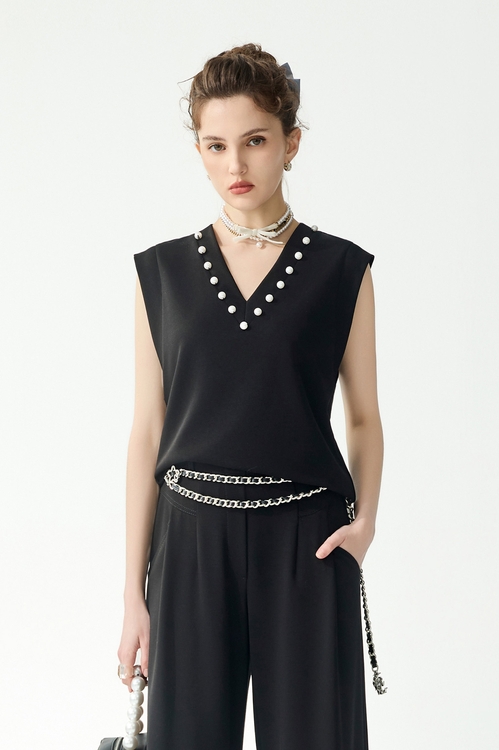 極簡鑲珍珠無袖上衣,一般背心馬甲