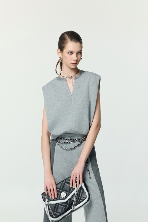 復古藍休閒風上衣,V領上衣