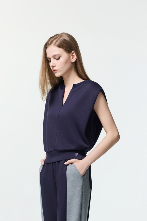 復古藍休閒風上衣,V領上衣