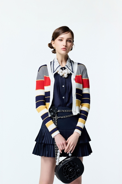 螢光耀火色配條針織外套