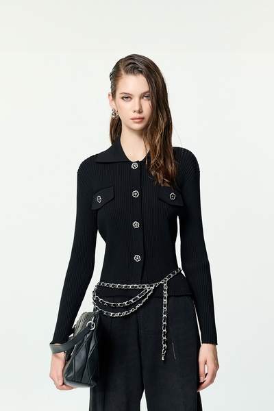 坑條修身花朵釦飾針織外罩